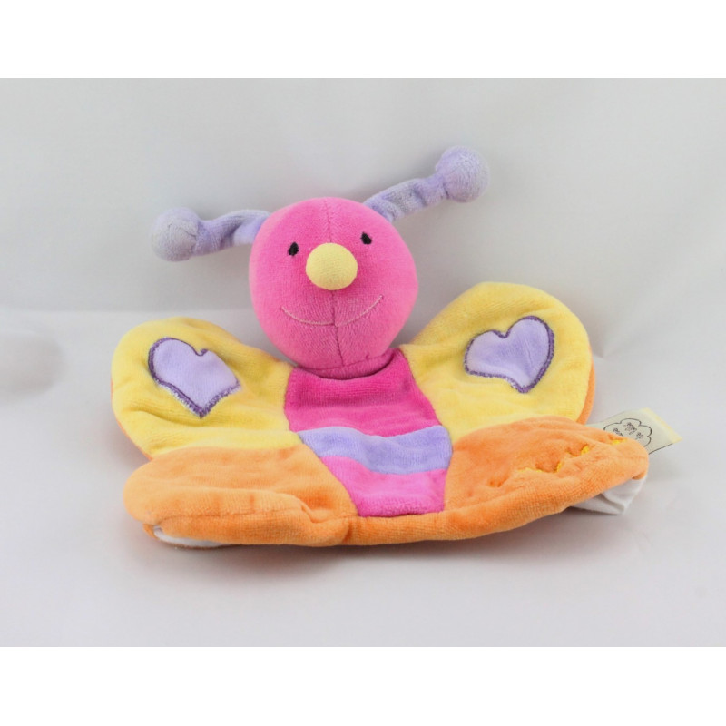 Doudou plat marionnette papillon jaune rose orange violet coeurs UN REVE DE BEBE