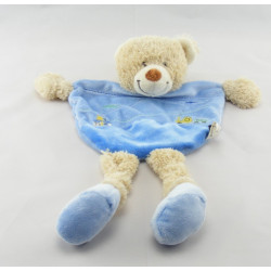 Doudou plat bleu ours avec train brodé TEX
