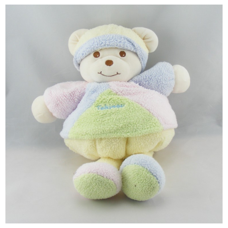 Doudou ours boule jaune rose bleu vert bonnet TAKINOU