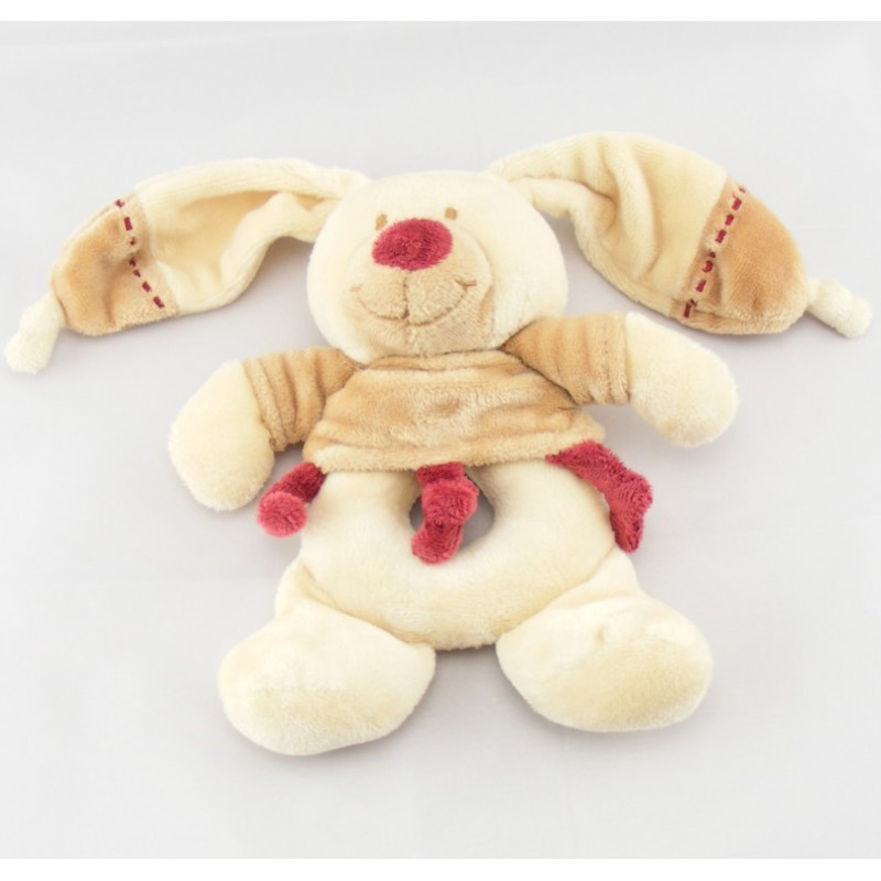 Doudou hochet anneau lapin beige bordeaux NICOTOY
