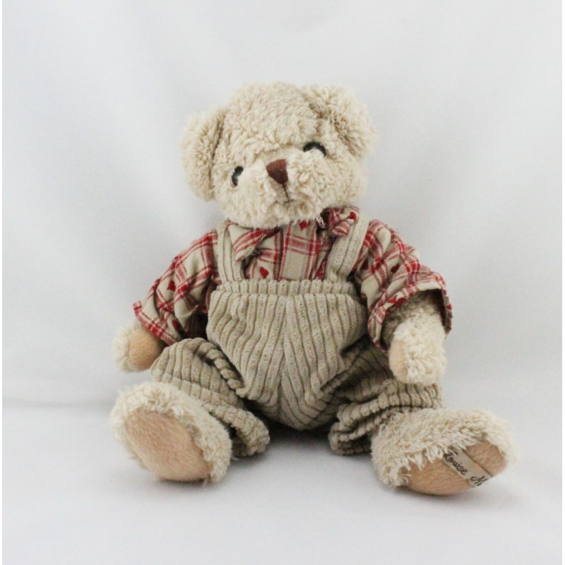 Doudou peluche ours beige chemise carreaux rouge LOUISE MANSEN