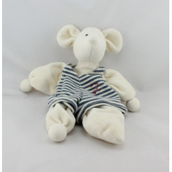 Doudou semi plat souris blanche salopette rayé bleu HAPPY HORSE