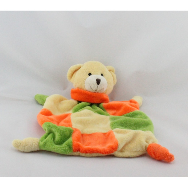 Doudou plat ours orange vert jaune PLAYKIDS