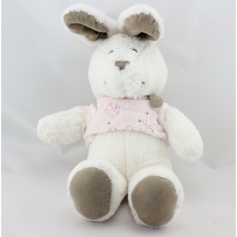 Doudou lapin blanc gris beige pull rose papillon NICOTOY