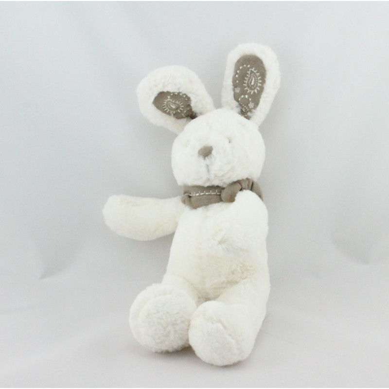 Doudou lapin blanc bandanas gris beige NICOTOY 20 cm