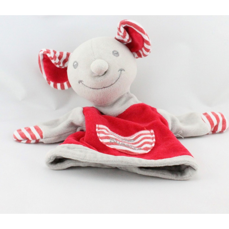 Doudou plat souris grise rouge poche à sucette TCF