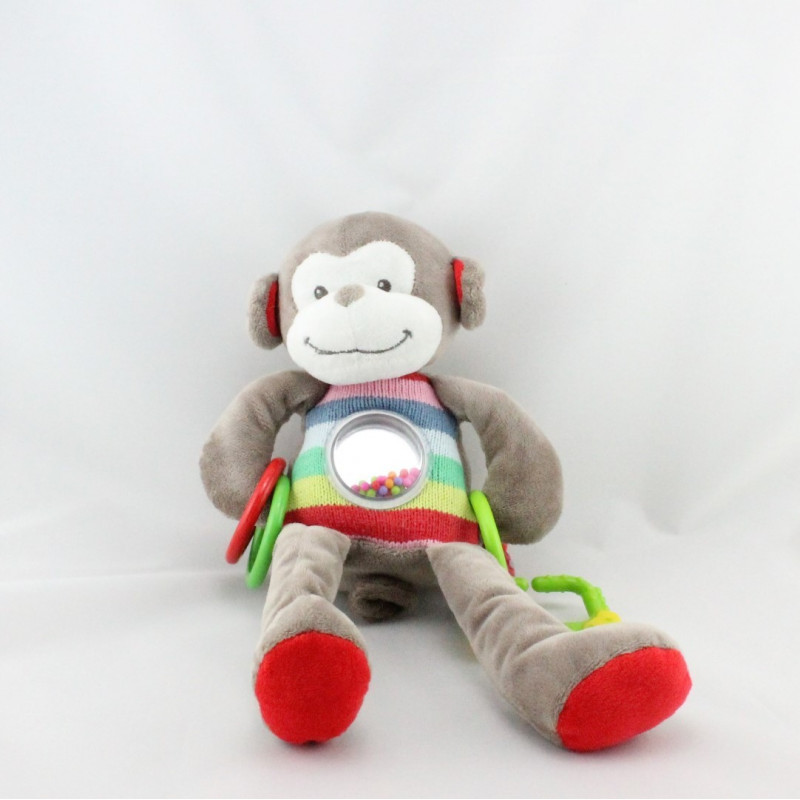Doudou singe gris bleu vert jaune rouge hochet NICOTOY