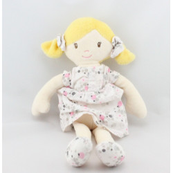Doudou poupée fille blonde robe blanche fleurs pois OBAIBI