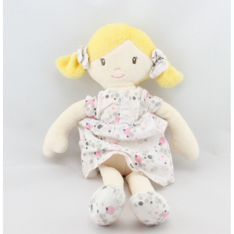 Doudou poupée fille blonde robe blanche fleurs pois OBAIBI