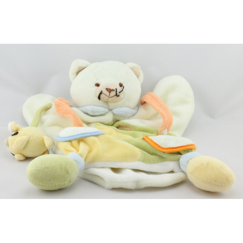 Doudou et compagnie plat marionnette chat blanc vert jaune orange souris