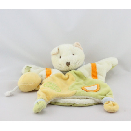 Doudou et compagnie plat marionnette chat blanc vert jaune orange avec souris