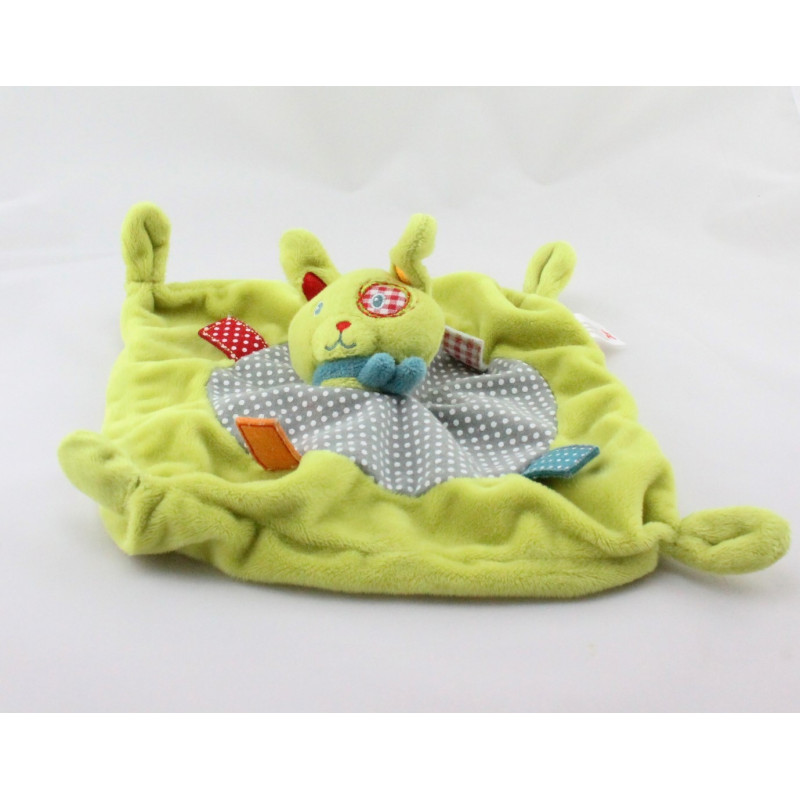 Doudou plat  lapin vert gris rouge bleu pois NICOTOY