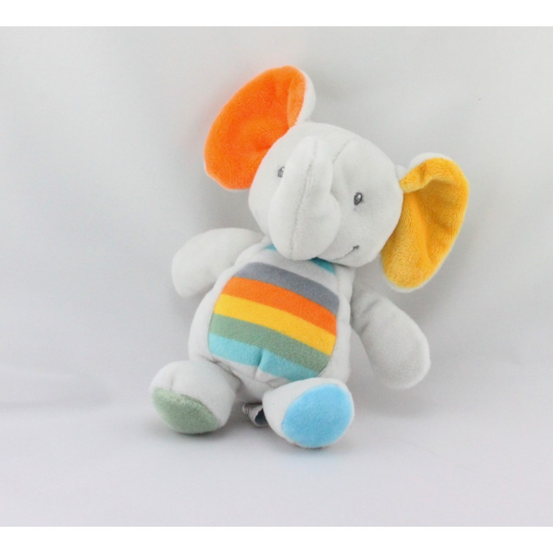 Doudou éléphant gris orange jaune bleu vert TEX