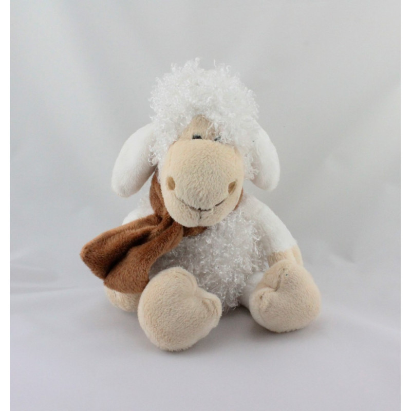 Doudou mouton blanc écharpe marron PLANET PLUCH