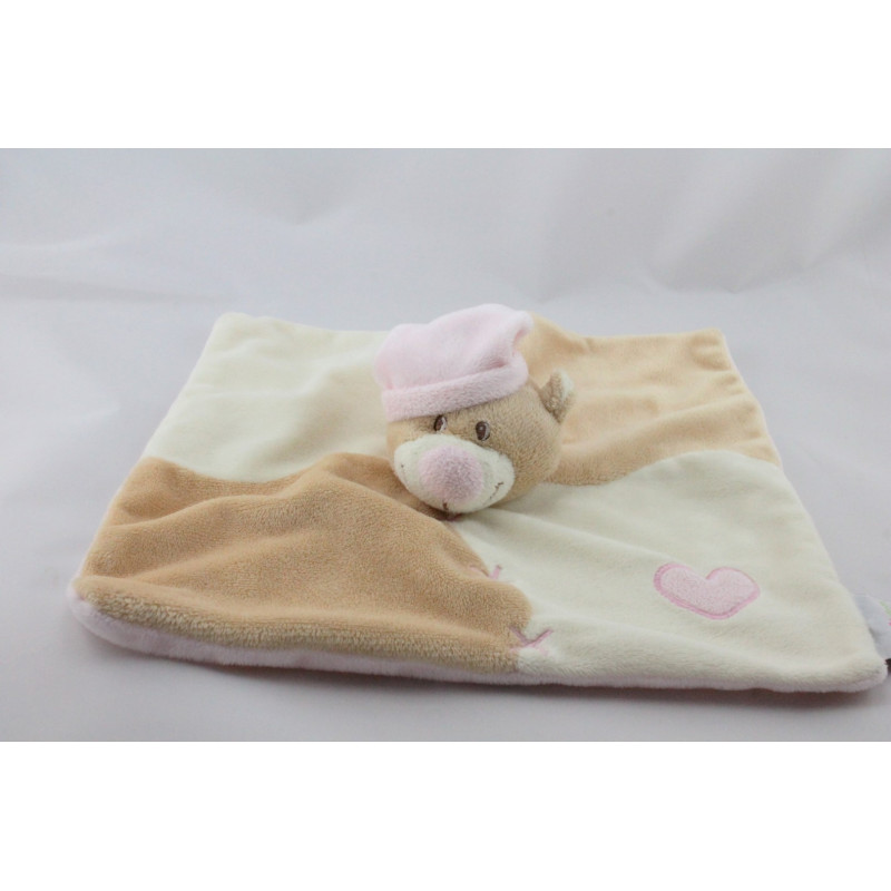 Doudou plat ours plat beige blanc rose coeur MANON ET VALENTIN