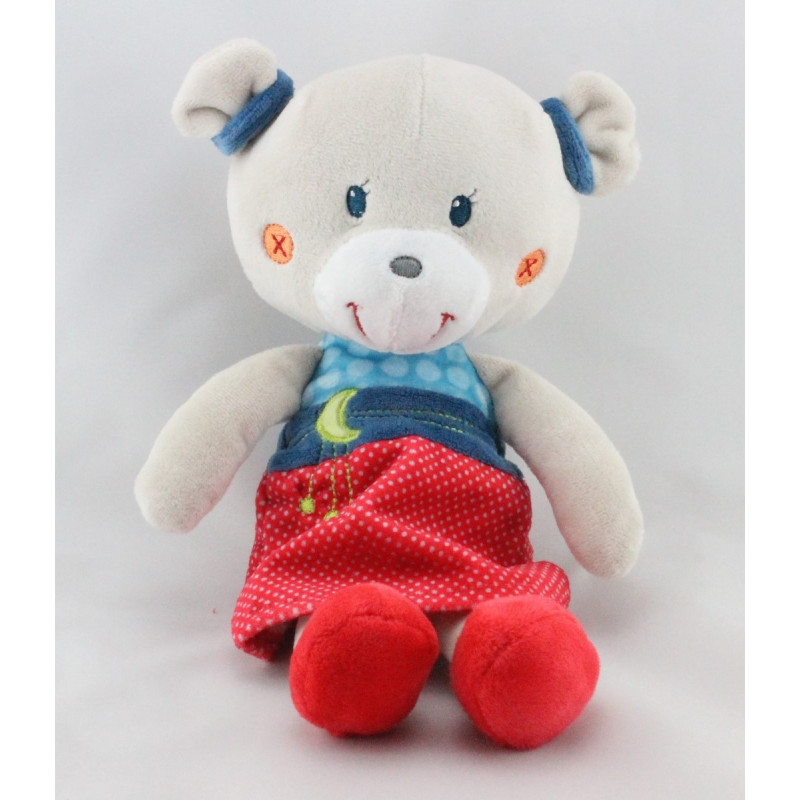 Doudou ours gris robe bleu rouge pois lune NICOTOY