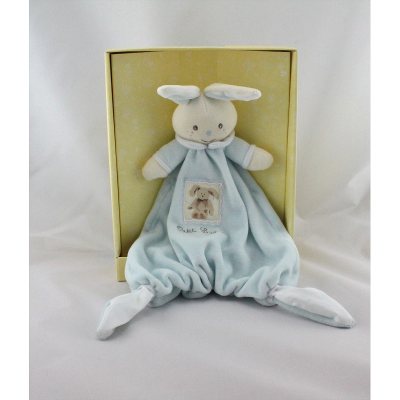 Doudou plat Petit lapin bleu blanc NOUNOURS