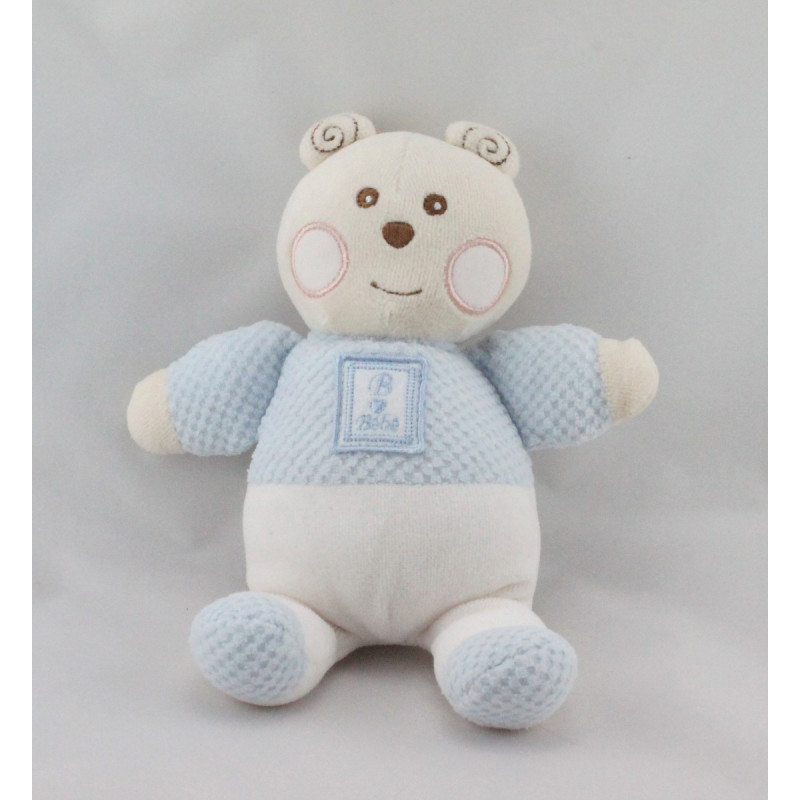 Doudou ours blanc bleu B coeur Bébé NOUNOURS