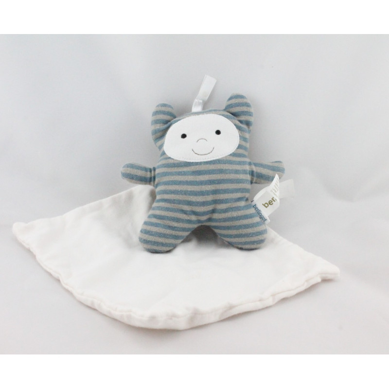 Doudou plat lutin garçon rayé bleu gris mouchoir BERLINGOT