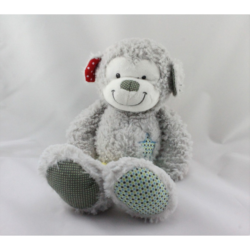 Doudou singe gris vert jaune rouge pois étoiles NICOTOY