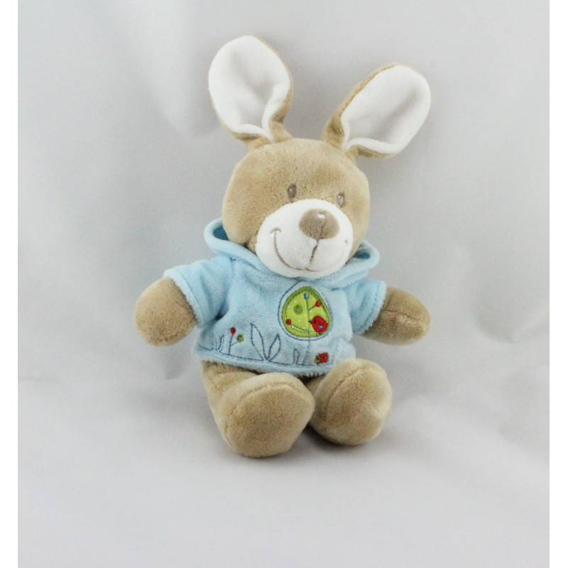 Doudou lapin beige sweat capuche bleu arbre oiseau NICOTOY 