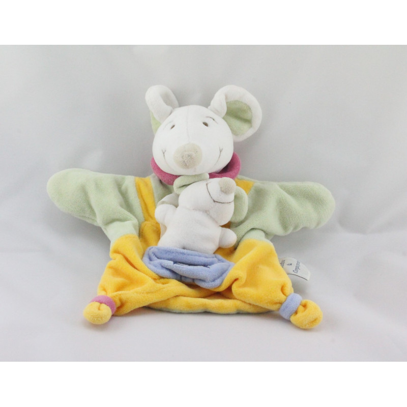 Doudou  et compagnie plat souris verte jaune col rouge avec bébé 