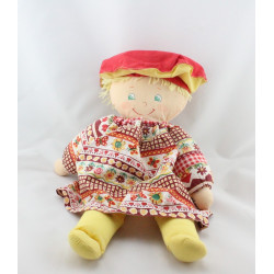 AAncienne poupée chiffon robe imprimé rouge fleurs béret jaune rouge COROLLE 