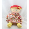 AAncienne poupée chiffon robe imprimé rouge fleurs béret jaune rouge COROLLE 