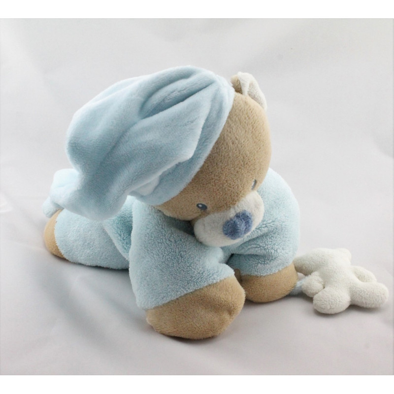 Doudou ours beige bleu couché NATTOU