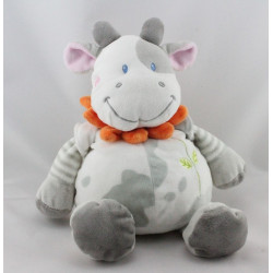 Doudou vache blanche taches grises col fleur NICOTOY