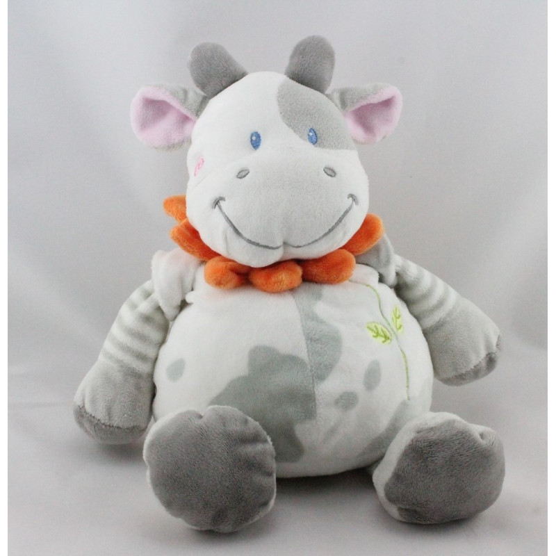 Doudou vache blanche taches grises col fleur NICOTOY