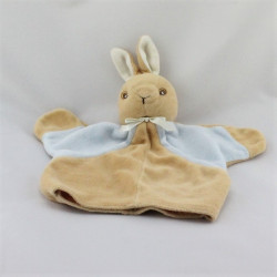 Doudou plat marionnette lapin beige bleu QUILLOUDOU ET BALLOU