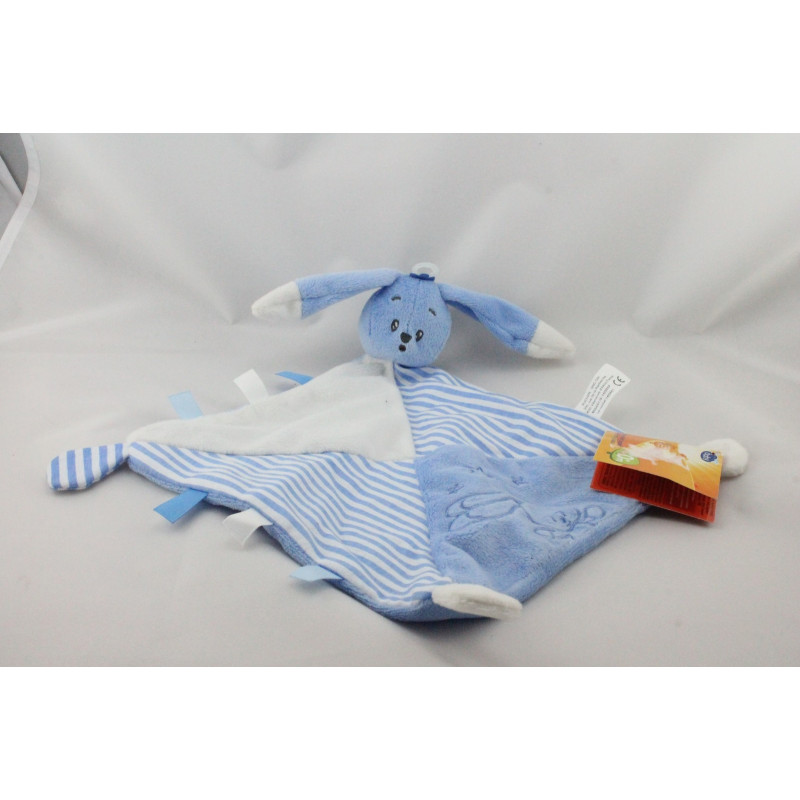 Doudou plat lapin bleu blanc rayé AUCHAN 