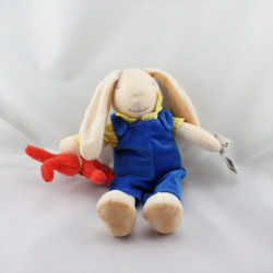 Doudou lapin salopette bleu chemise jaune avec petit lapin rouge AJENA