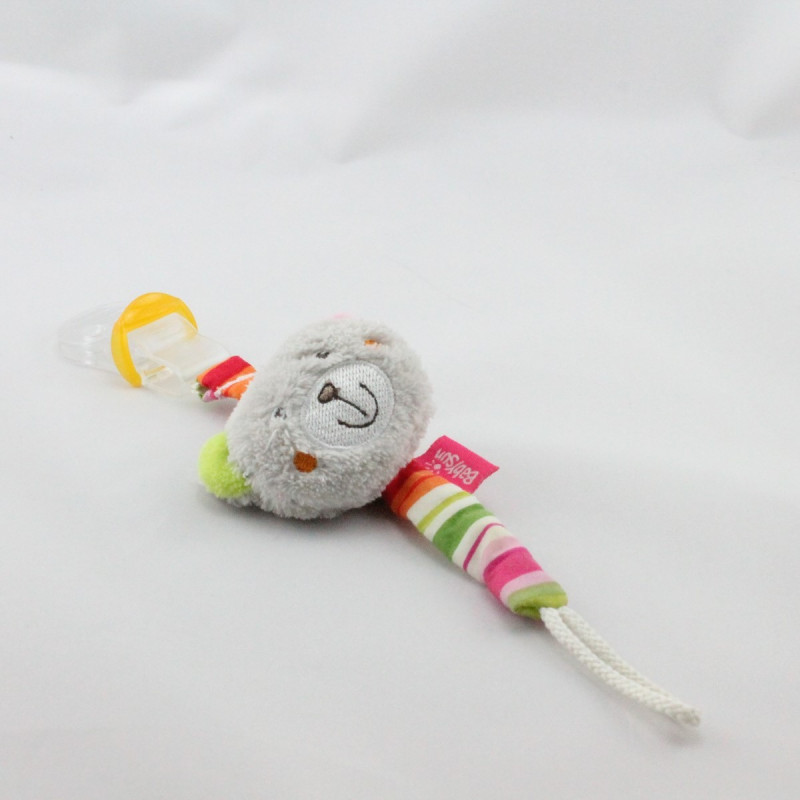 Attache tétine ours gris rayé rose orange BABYSUN 