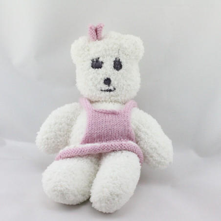 Doudou ours blanc robe en laine rose