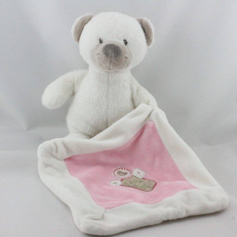 Doudou ours blanc avec mouchoir rose NICOTOY