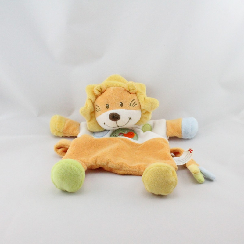 Doudou plat lion orange blanc vert bleu oiseau NICOTOY