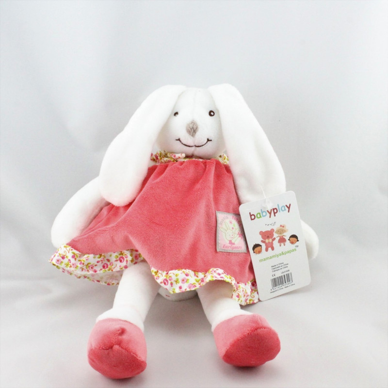 Doudou lapin blanc rose fleurs BABYPLAY MANIS ET PAPAS