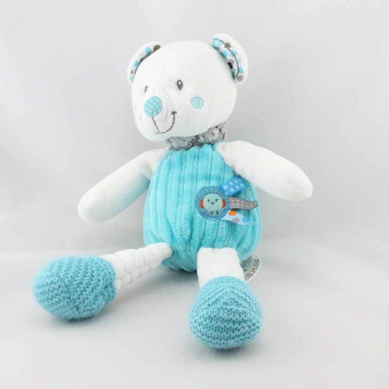 Doudou ours blanc bleu gris oiseau NICOTOY