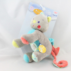 Doudou chat gris bleu jaune rouge poissons SUCRE D'ORGE