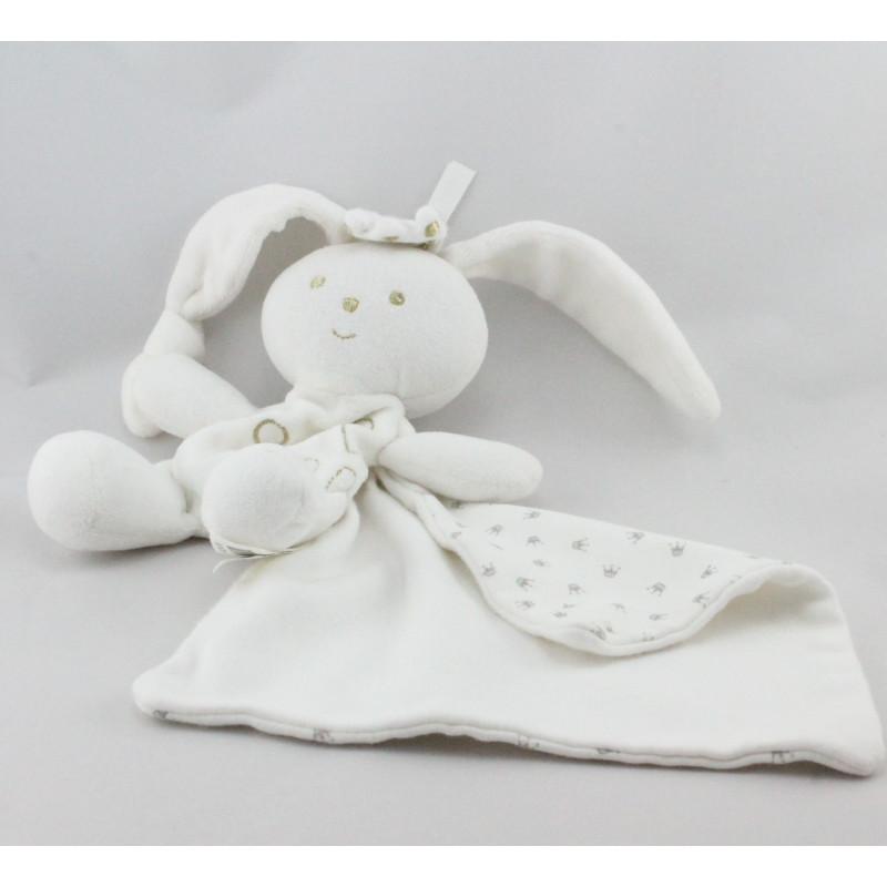 Doudou plat lapin blanc couronnes mouchoir BERLINGOT