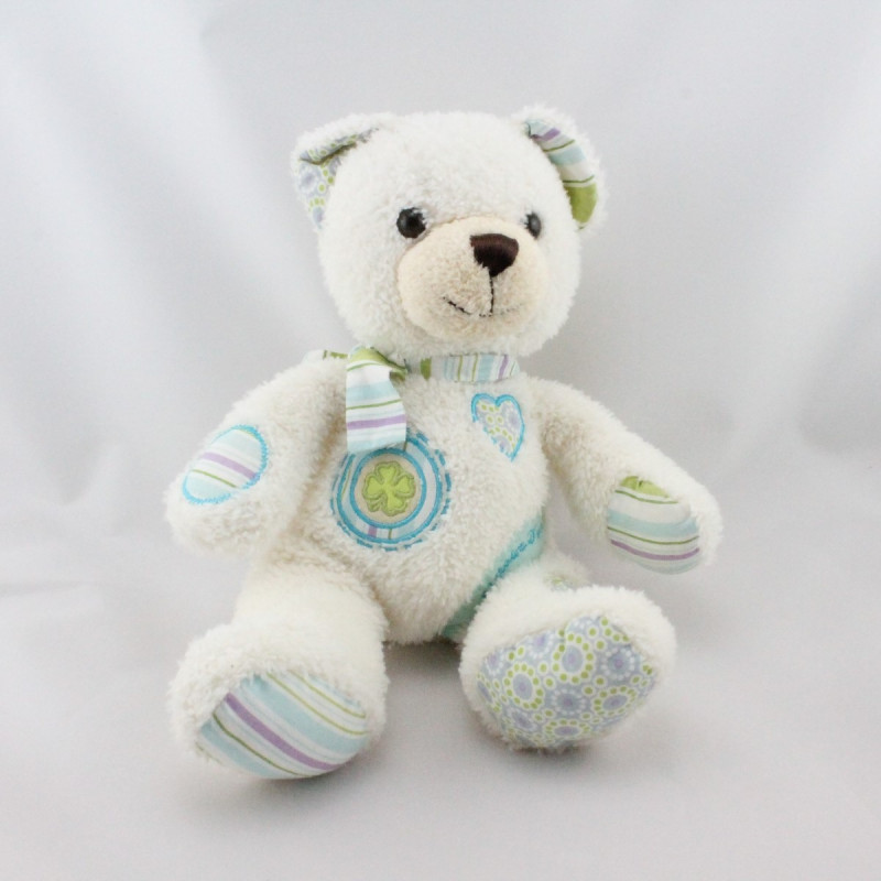 Doudou  ours blanc bleu vert rayé trèfle coeur HISTOIRE D'OURS