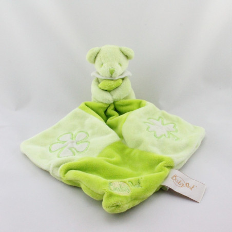 Doudou Ours vert avec mouchoir vert fleur feuille Baby Nat
