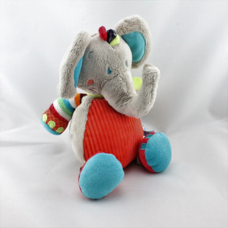 Doudou éléphant gris rouge bleu vert orange rayé TEX