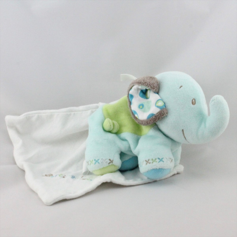 Doudou éléphant bleu vert gris mouchoir BERLINGOT
