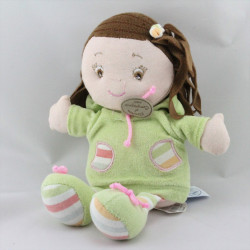 Doudou et compagnie poupée fille robe verte rose capuche