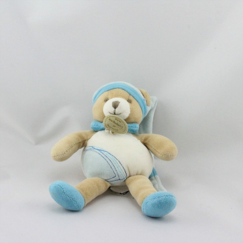 Doudou et compagnie ours rayé bleu mouchoir avion jaune