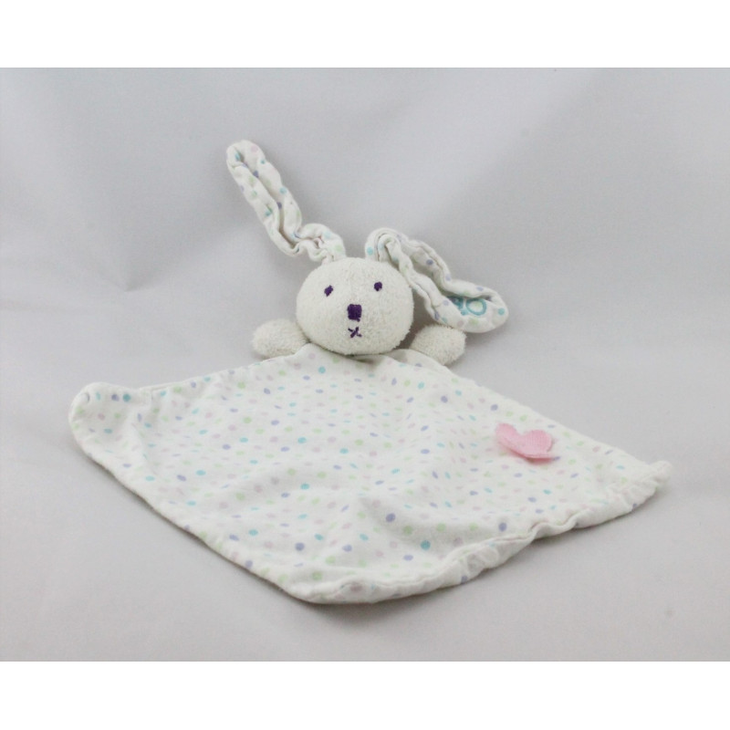 Doudou plat lapin blanc rose à pois fleur OBAIBI