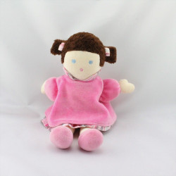 Doudou poupée fille robe rose nattes NOUNOURS